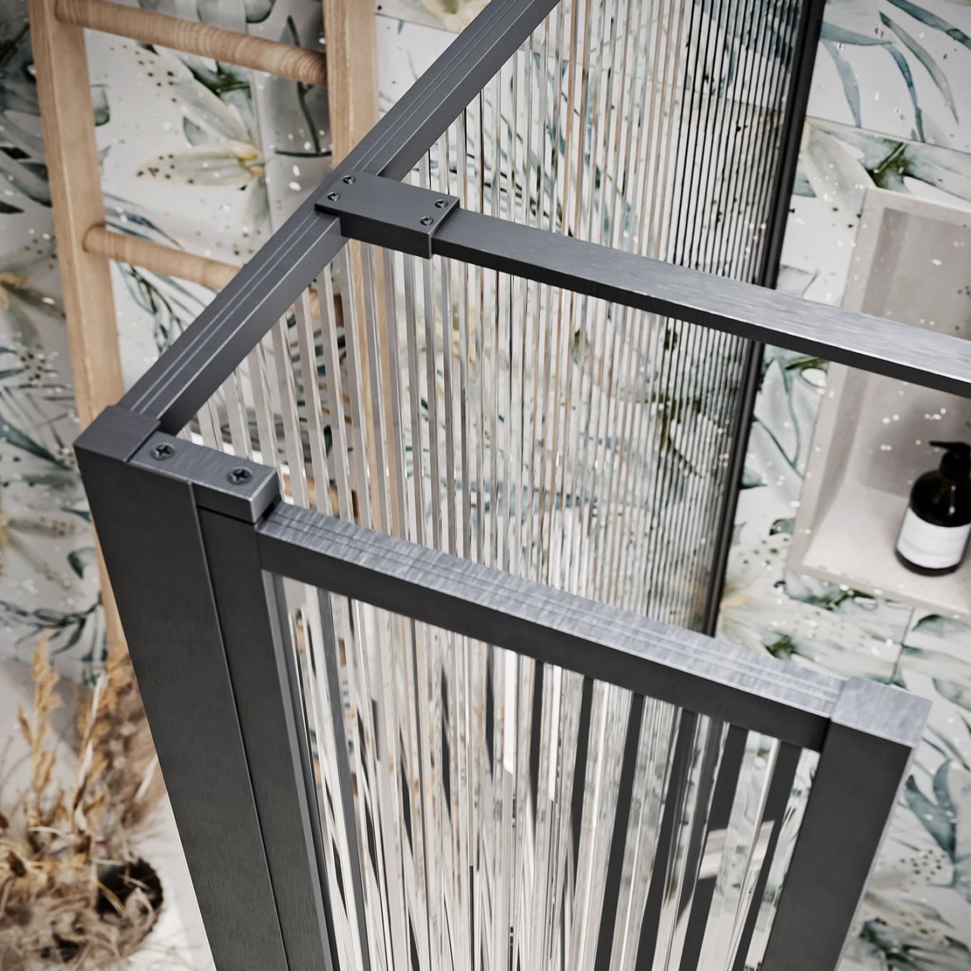 Amien Gunmetal Grey Ribbed Glass Single Frame Return Panel 300mm