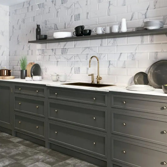 Metro Calacatta Marble Ceramic Brick Tile 100x300mm