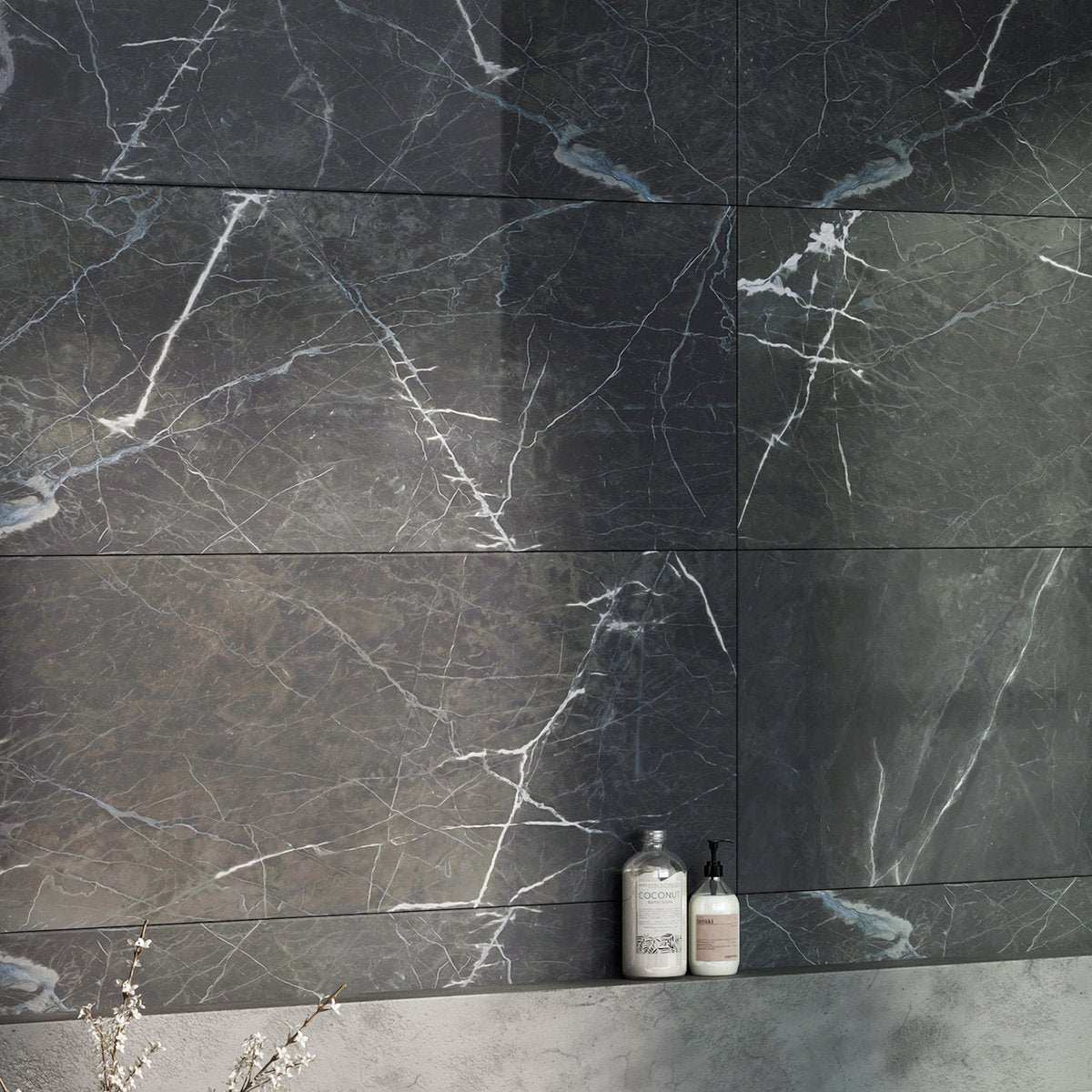 Glacier Black Marble Gloss Porcelain Tile 450x1200mm