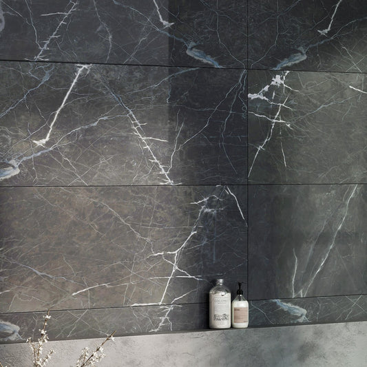 Glacier Black Marble Gloss Porcelain Tile 450x1200mm