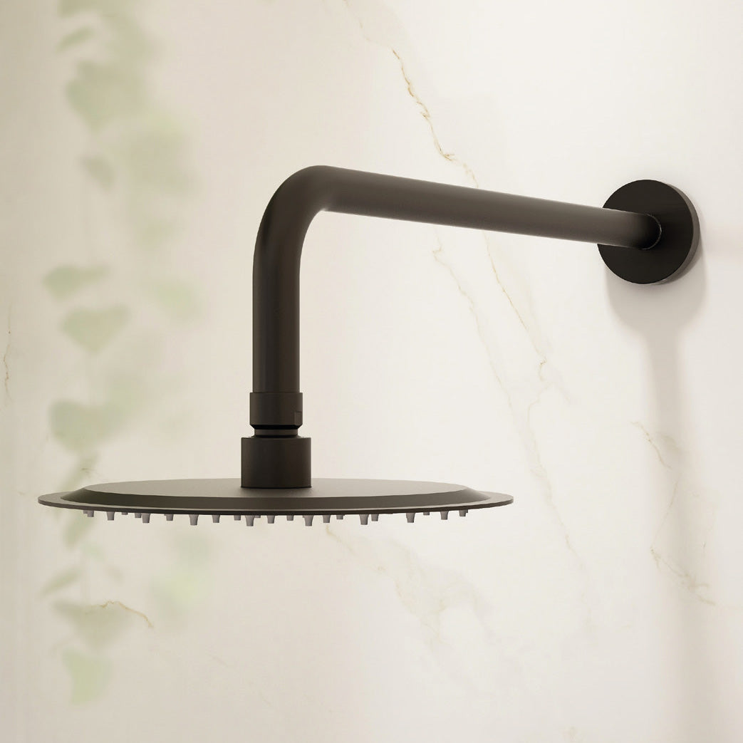 200mm stainless steel round slimline showerhead and design brass shower arm – Matt Black