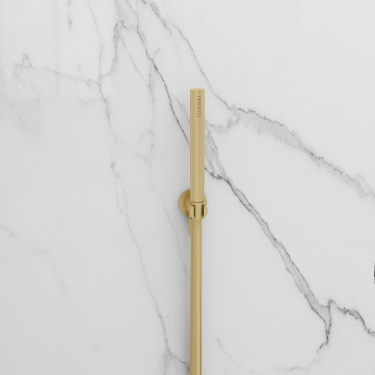 Arco pencil brushed brass shower handset with smooth hose and wall outlet elbow