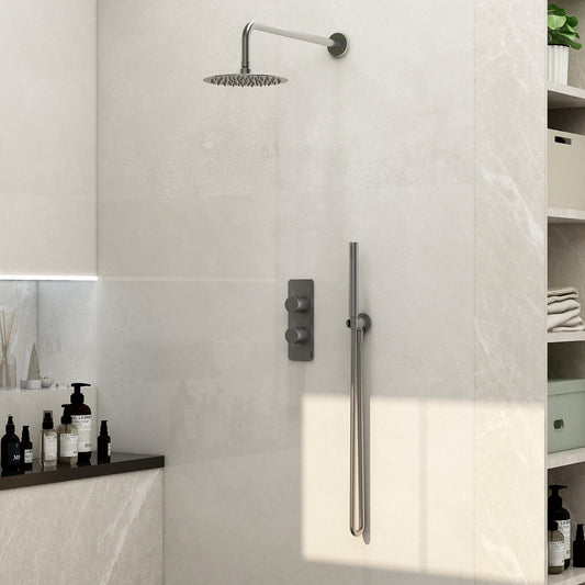 Ravine 2 handle, dual diverter concealed thermostatic valve with 200mm fixed head, pencil handset and smooth hose in Chrome