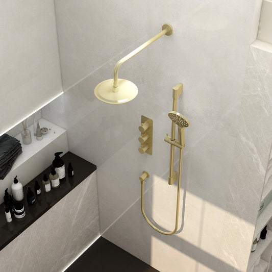 Ravine 3 handle, dual diverter concealed thermostatic valve with adjustable and 200mm fixed heads in Brushed Brass
