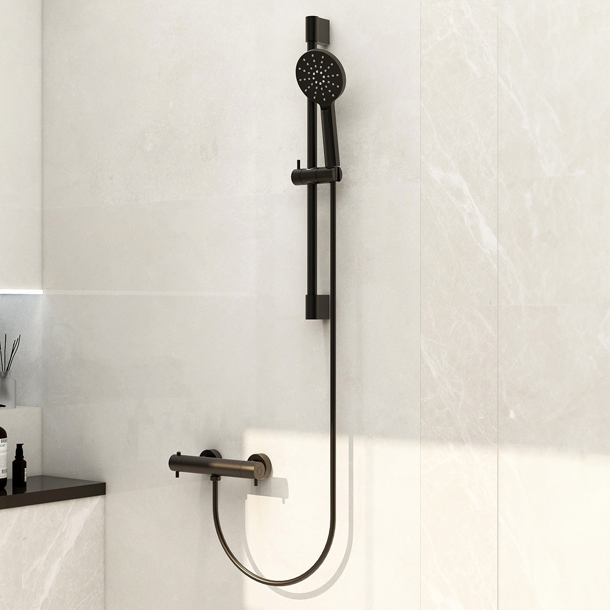 Ravine cool touch, easy fix, thermostatic shower set with slide rail, hose and multifunction handset in matt black