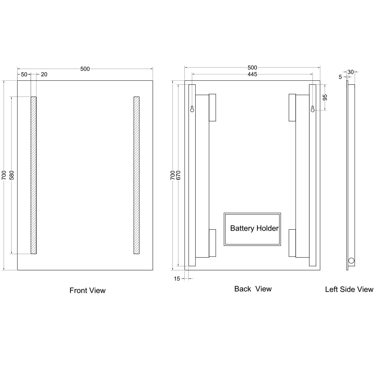 Siena Battery Powered Rectangular LED Mirror 500x700mm
