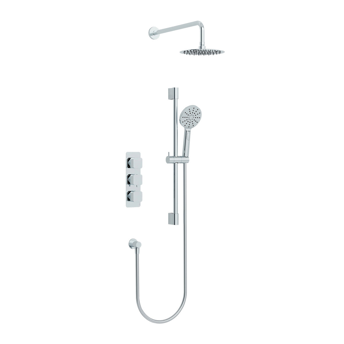 Quadro 3 handle dual diverter shower pack with round overhead shower, slide rail and multifunction round handset in Chrome