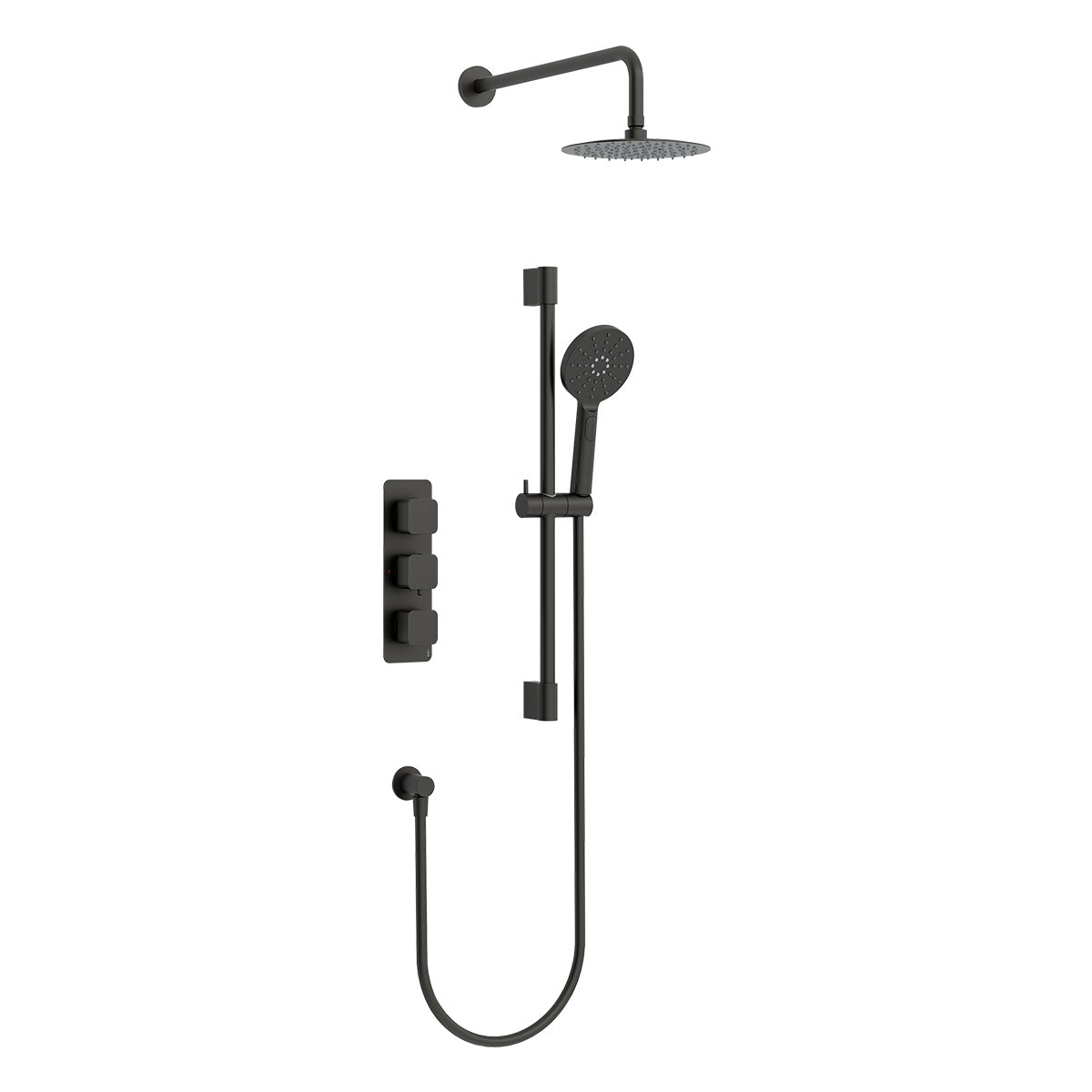 Quadro 3 handle dual diverter shower pack with round overhead shower, slide rail and multifunction round handset in Matt Black