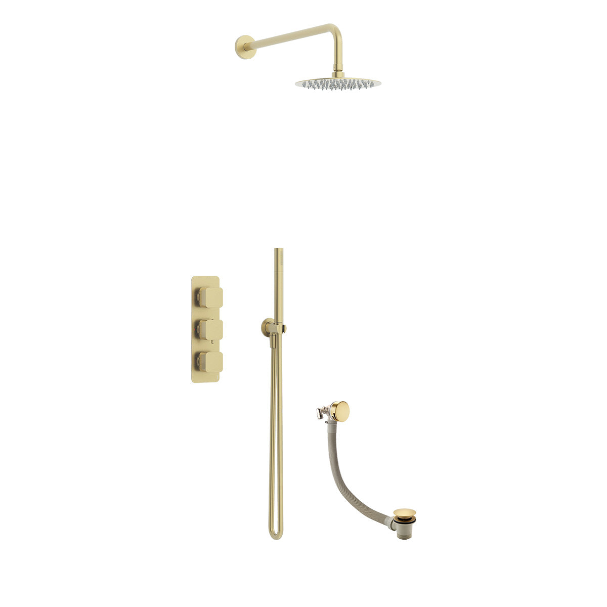 Quadro 3 handle triple diverter shower pack with round shower head and handset in Brushed Brass