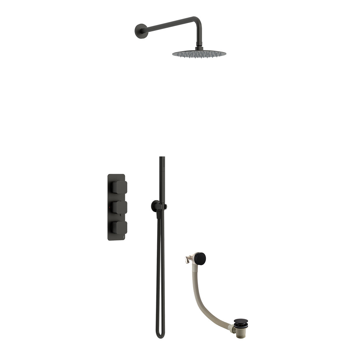 Quadro 3 handle triple diverter shower pack with round shower head and handset in Matt Black