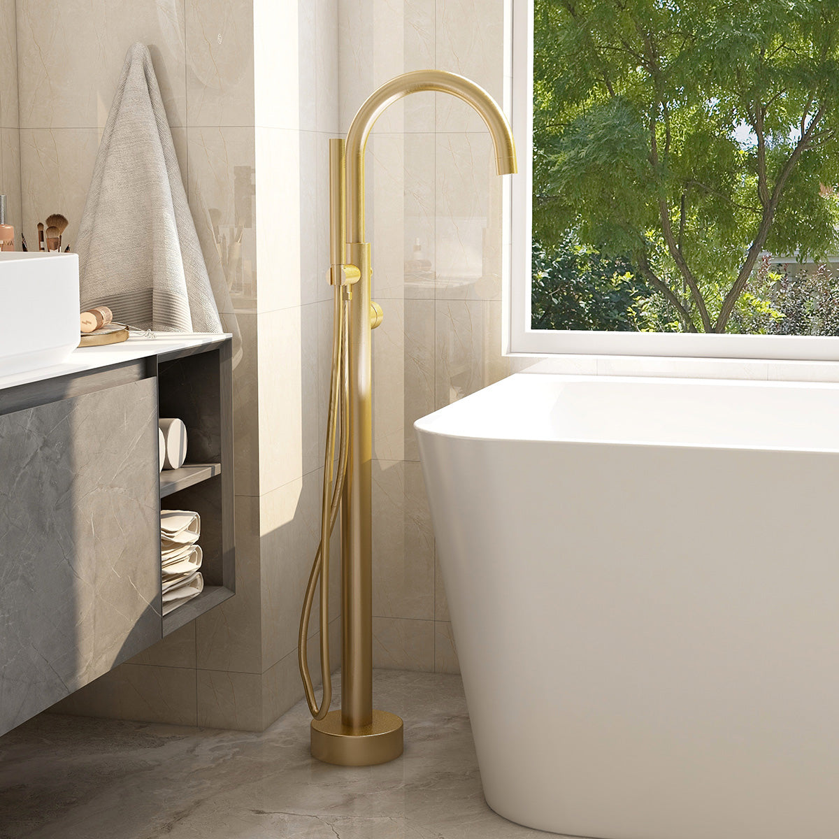Ravine floor standing bath shower mixer in Brushed Brass with Hose and handset