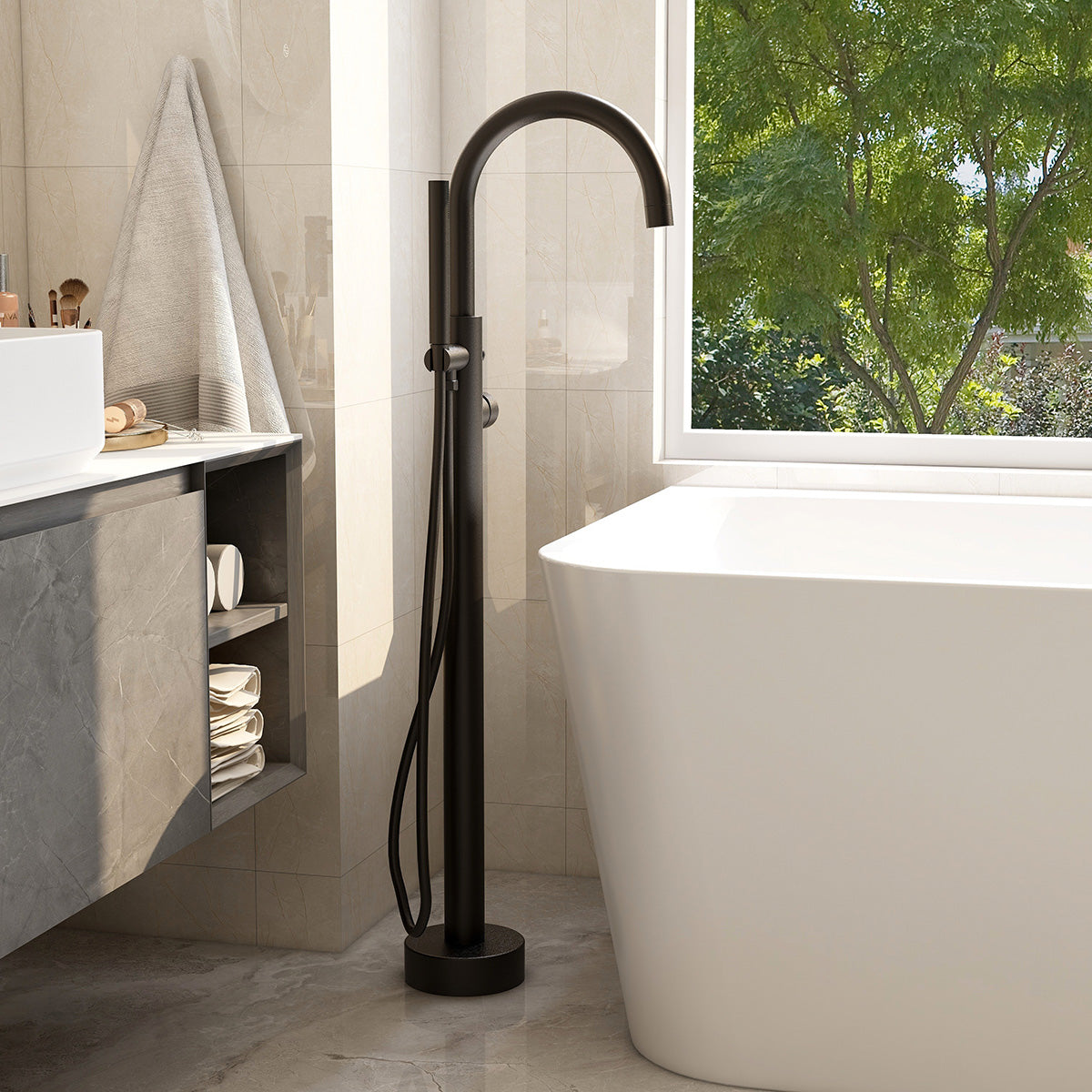 Ravine floor standing bath shower mixer in Matt Black with Hose and handset