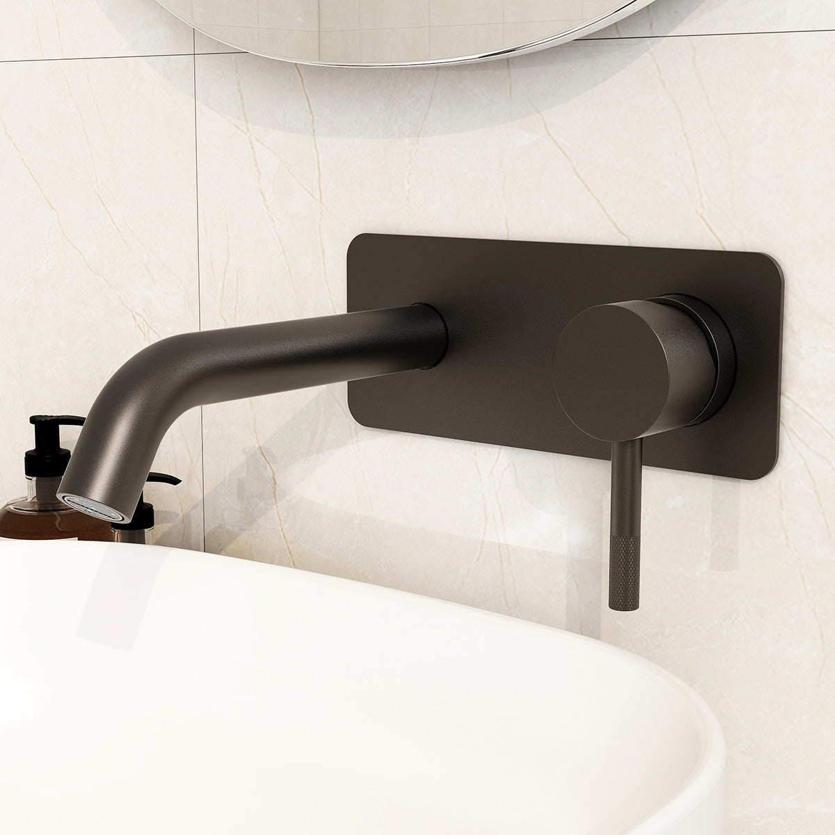 Ravine two hole wall mounted basin mixer in Matt Black with slotted clicker waste