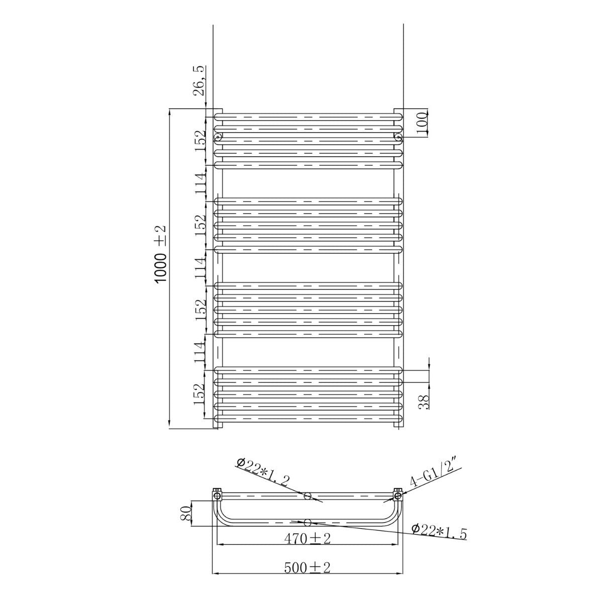 Hanley Matt Black Heated Towel Rail 1000x500mm