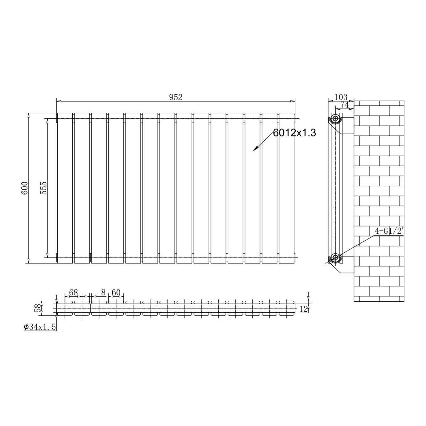 Perth Matt Black Double Vertical Flat Panel Radiator 600x952mm