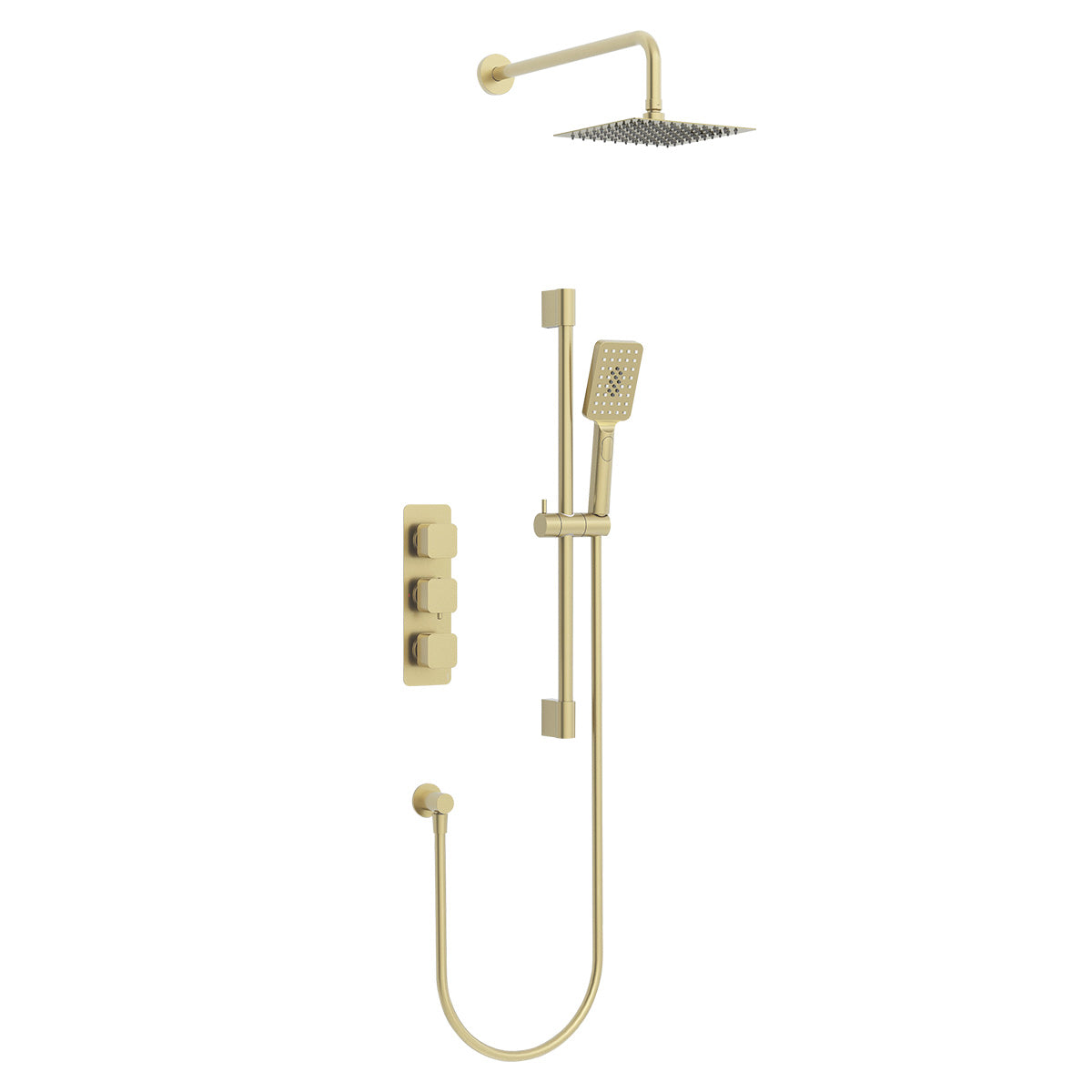 Quadro 3 handle dual diverter shower pack with overhead shower, slide rail and multifunction handset in Brushed Brass