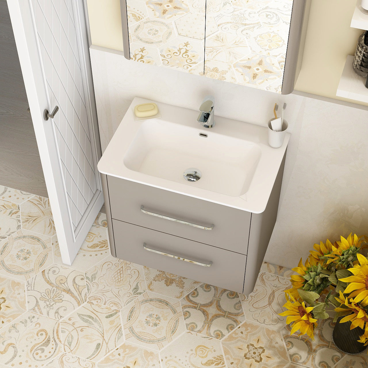 Suburb 600mm x 395mm double drawer wall mounted cabinet matt ash