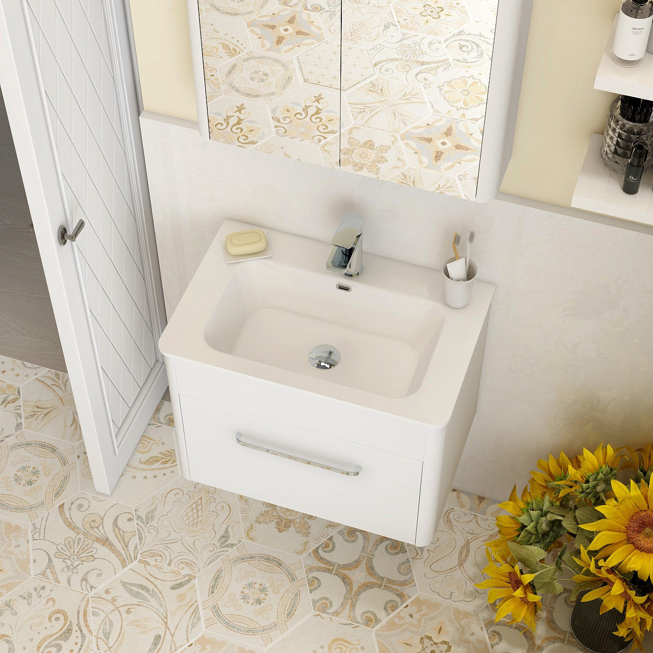 Suburb 600mm x 395mm single drawer wall mounted cabinet white gloss