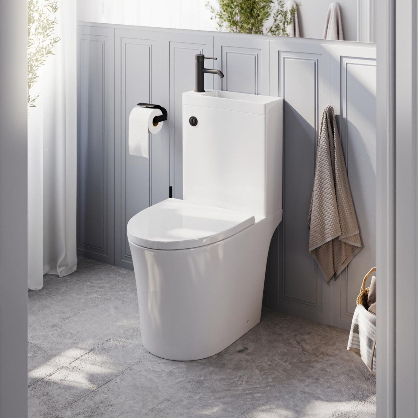Anix Close Coupled Rimless 2-in-1 Combination Toilet & Basin with Black Push Button