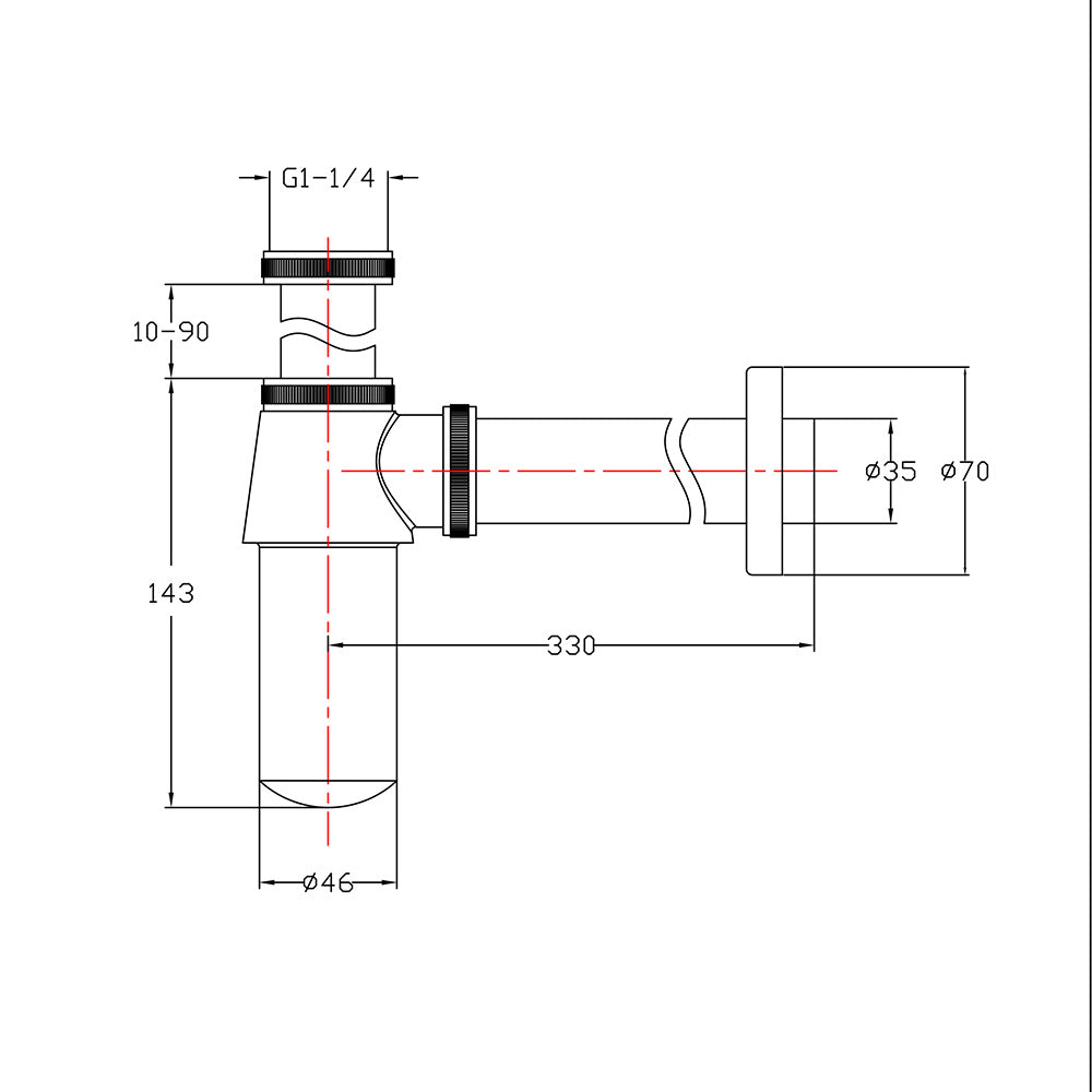 Traditional 1 1/4" chrome bottle trap and pipe