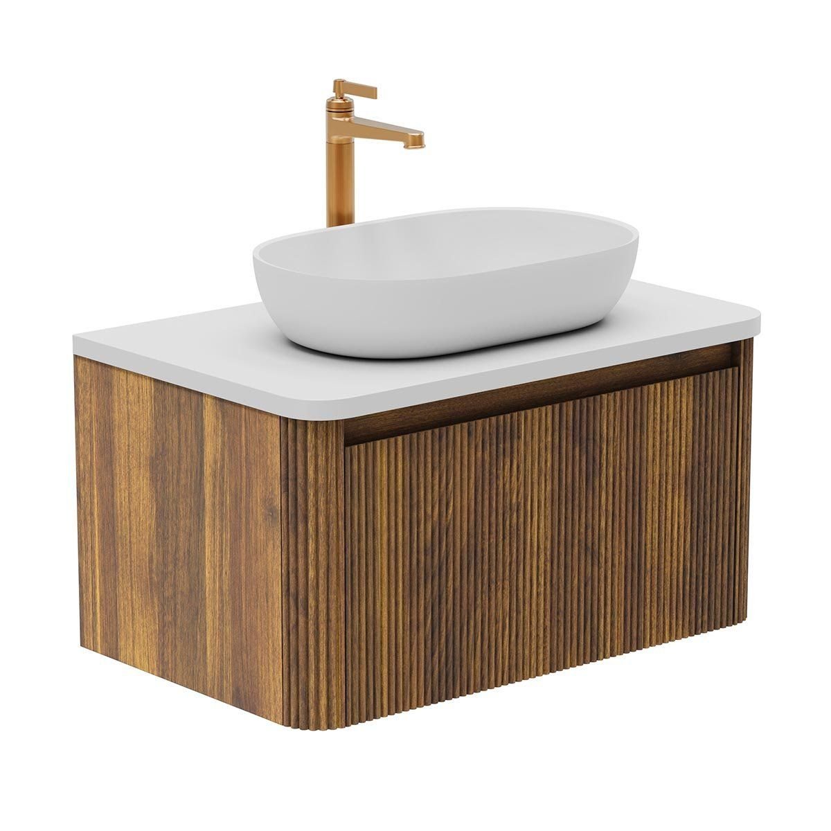 Wish Ribbed Wall Hung Vanity Unit in Walnut with White Worktop