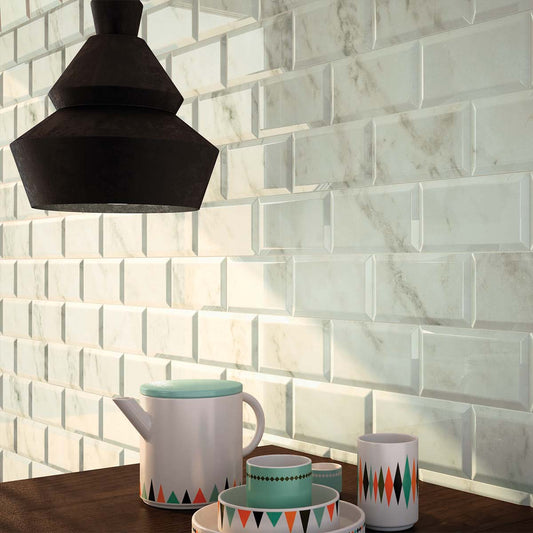 Metro Calcata Beige Marble Ceramic Brick Tile 100x200mm