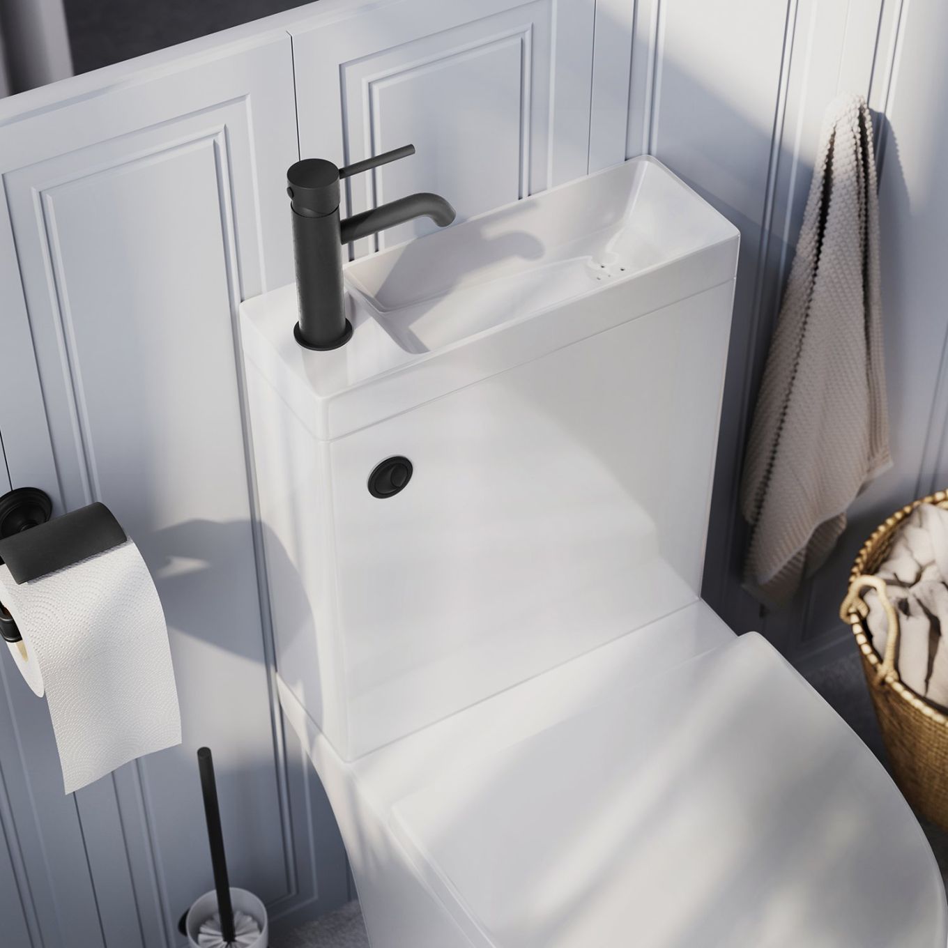 Anix Close Coupled Rimless 2-in-1 Combination Toilet & Basin with Black Push Button