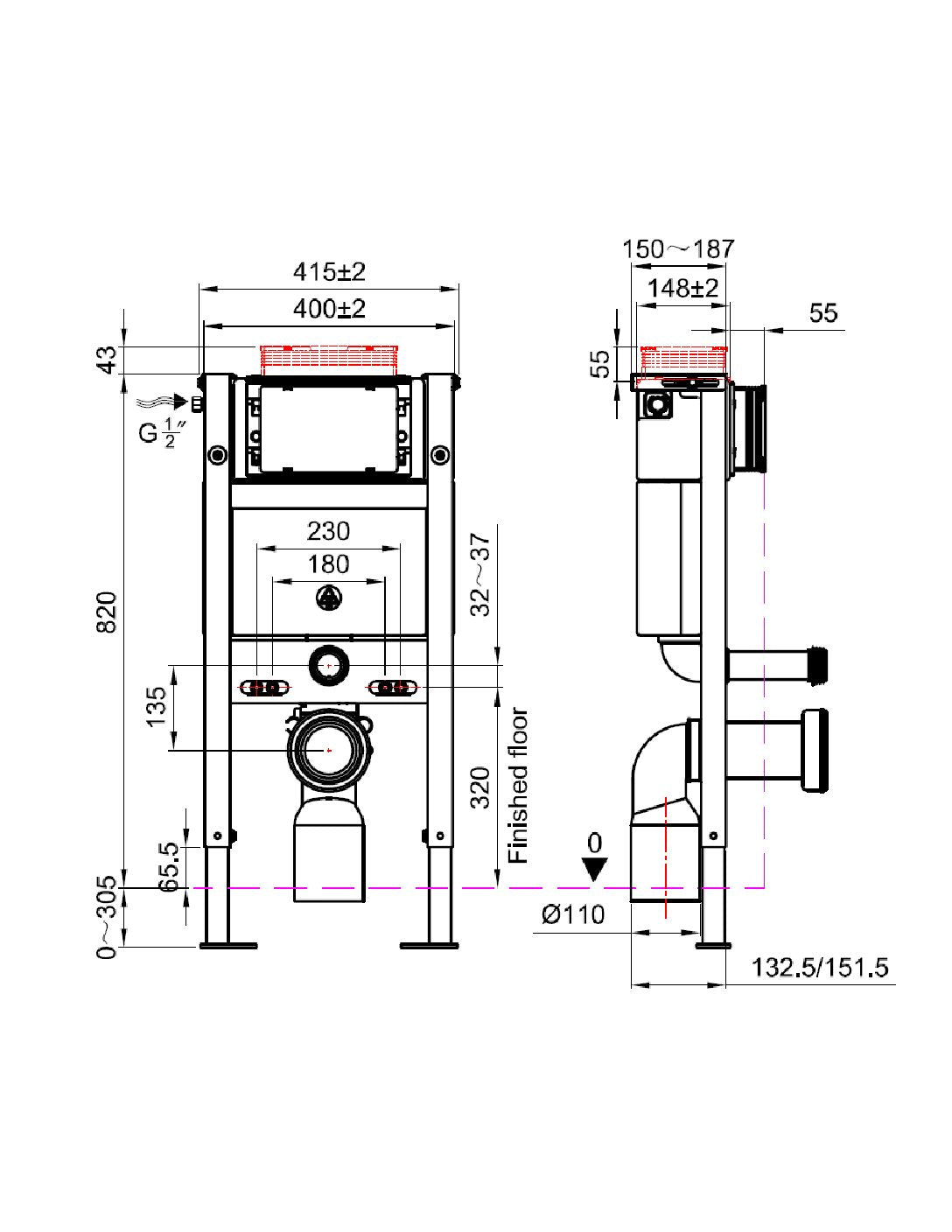 Under Window WC Frame 820mm