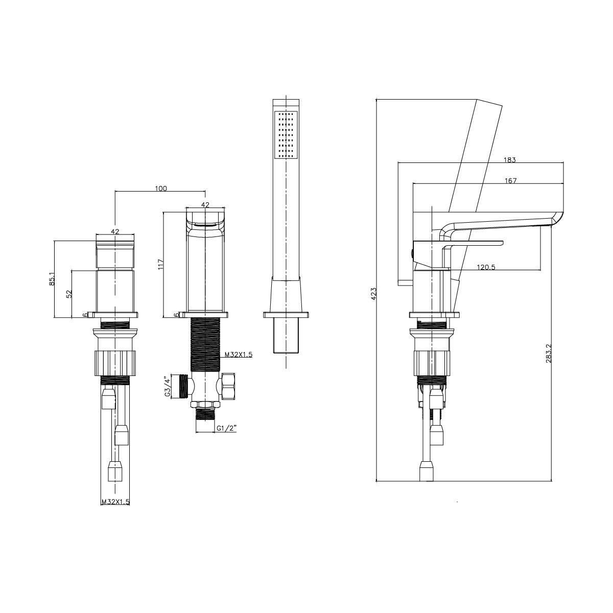 Zena Matt Black 3 Hole Deck Mounted Bath Shower Mixer Tap