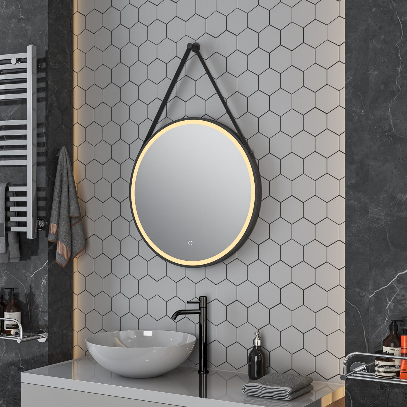 Talon Matt Black Round LED Mirror with Belt Strap