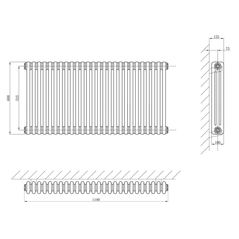 Upton Grey Triple Horizontal Column Radiator 600x1190mm