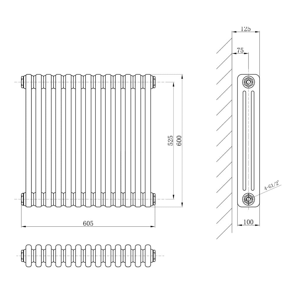 Upton Grey Triple Horizontal Column Radiator 600x605mm