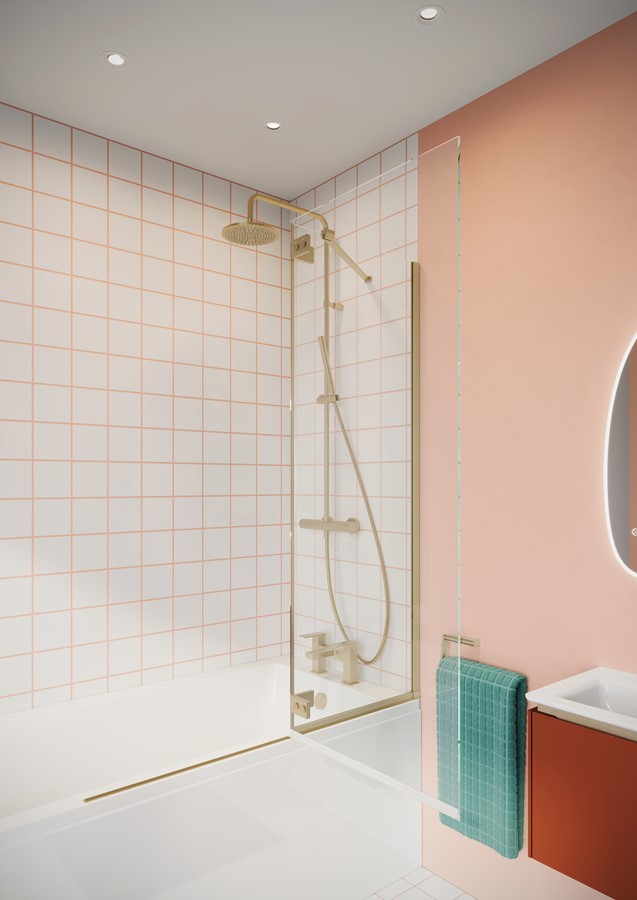 Clear 6 Hinged Bath Screen 1150 Brushed Brass
