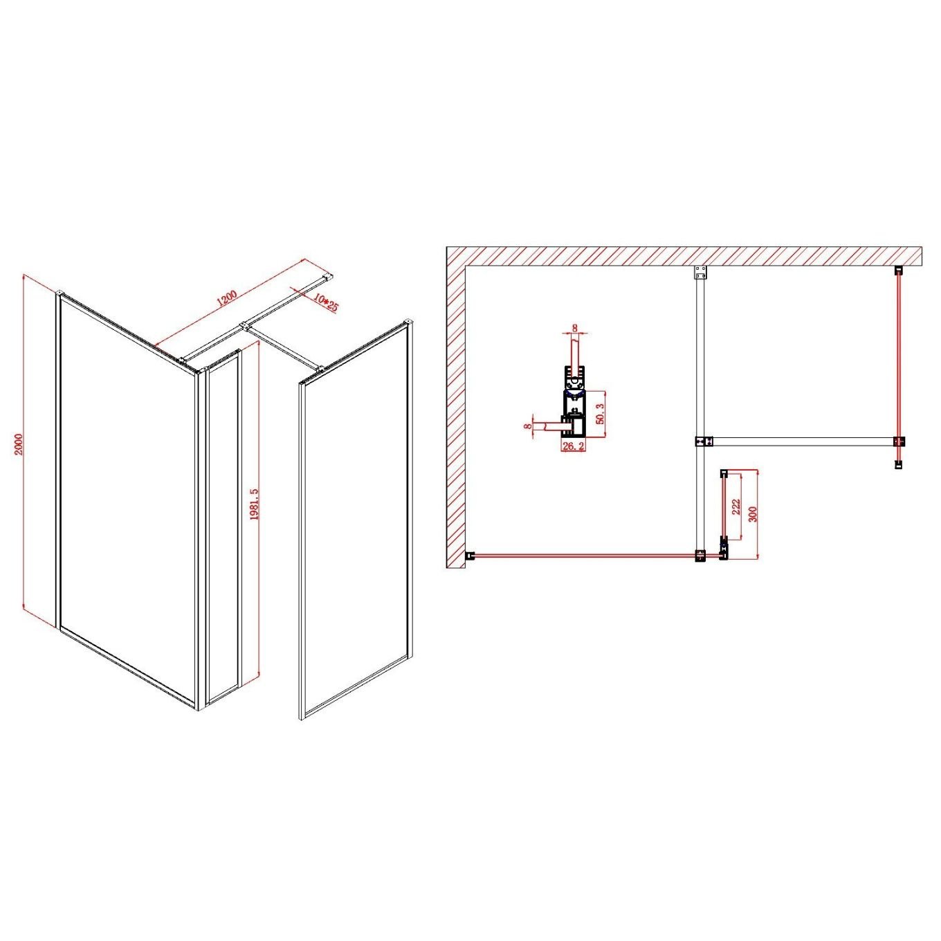 Amien Matt Black Clear Glass Single Frame Return Panel 300mm