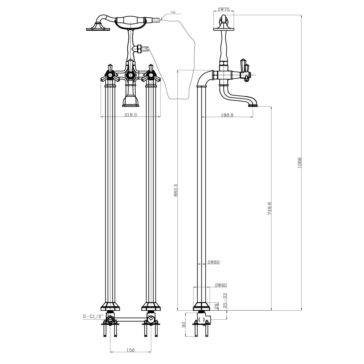 Adonis Gold Floor Standing Bath Shower Mixer Tap