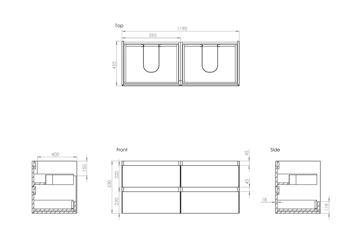 Saneux UNI 120cm Wall Mounted Unit with 2 Drawer and 4 Drawer Options