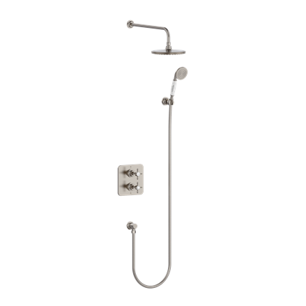Guild Square Thermostatic Dual Outlet Concealed Diverter Shower Valve, Fixed Shower Arm & Head, Holder & Handset with Hose & Outlet Elbow