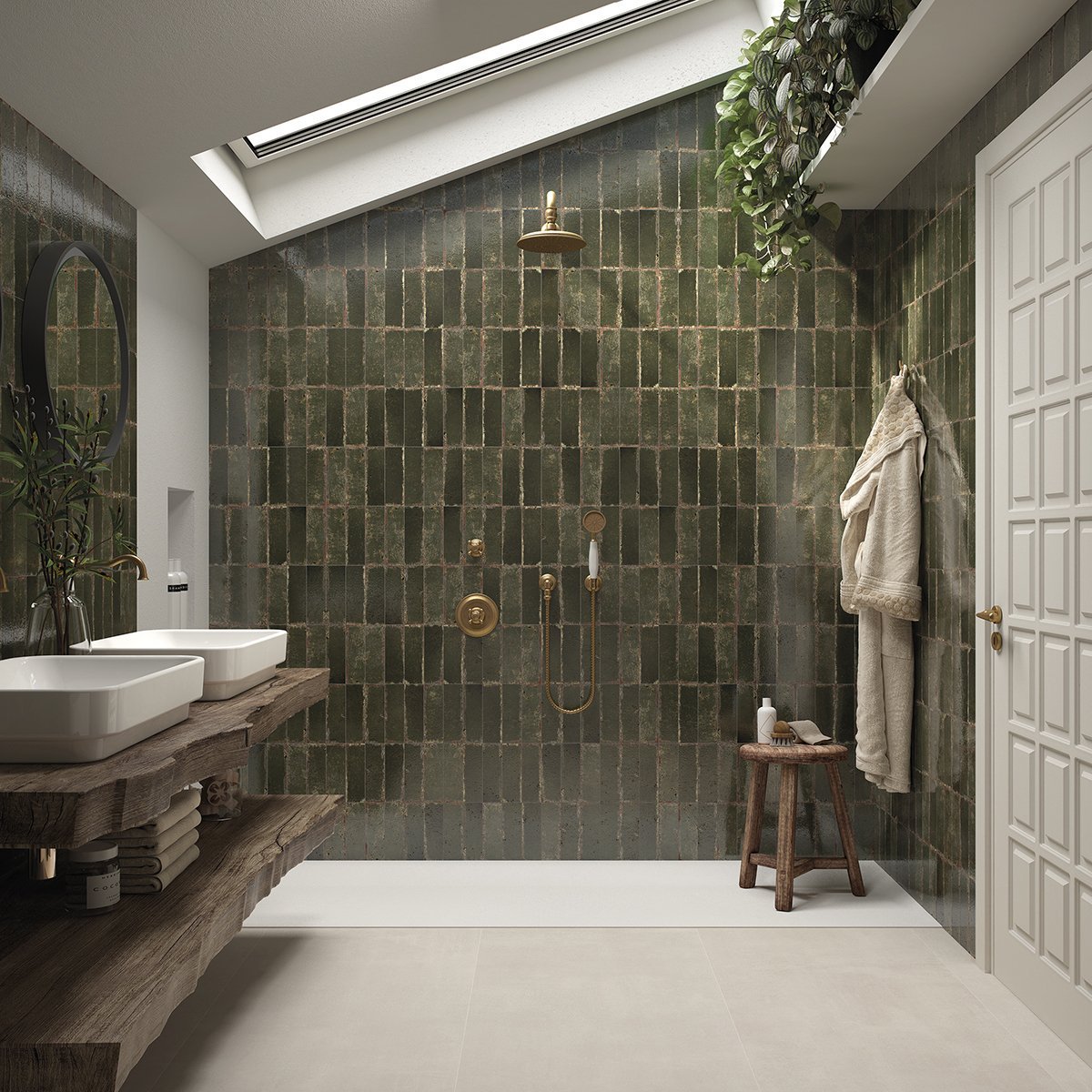 Monza Oliva Green Glossy Porcelain Brick Tile 65x200mm