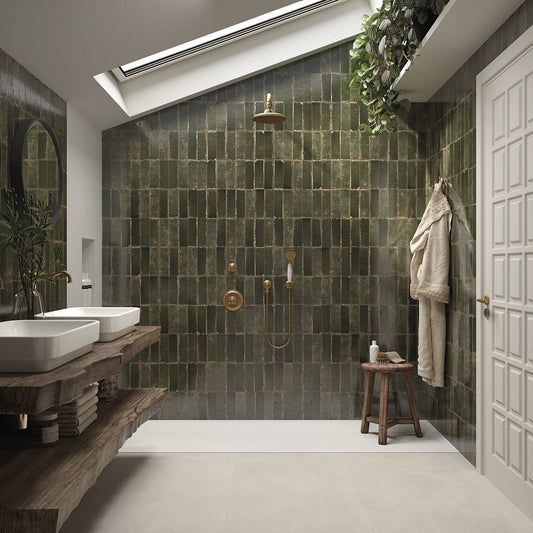 Monza Oliva Green Glossy Porcelain Brick Tile 65x200mm