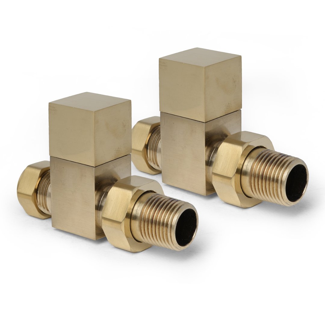 Square Brushed Gold Straight Pair of Radiator Valves