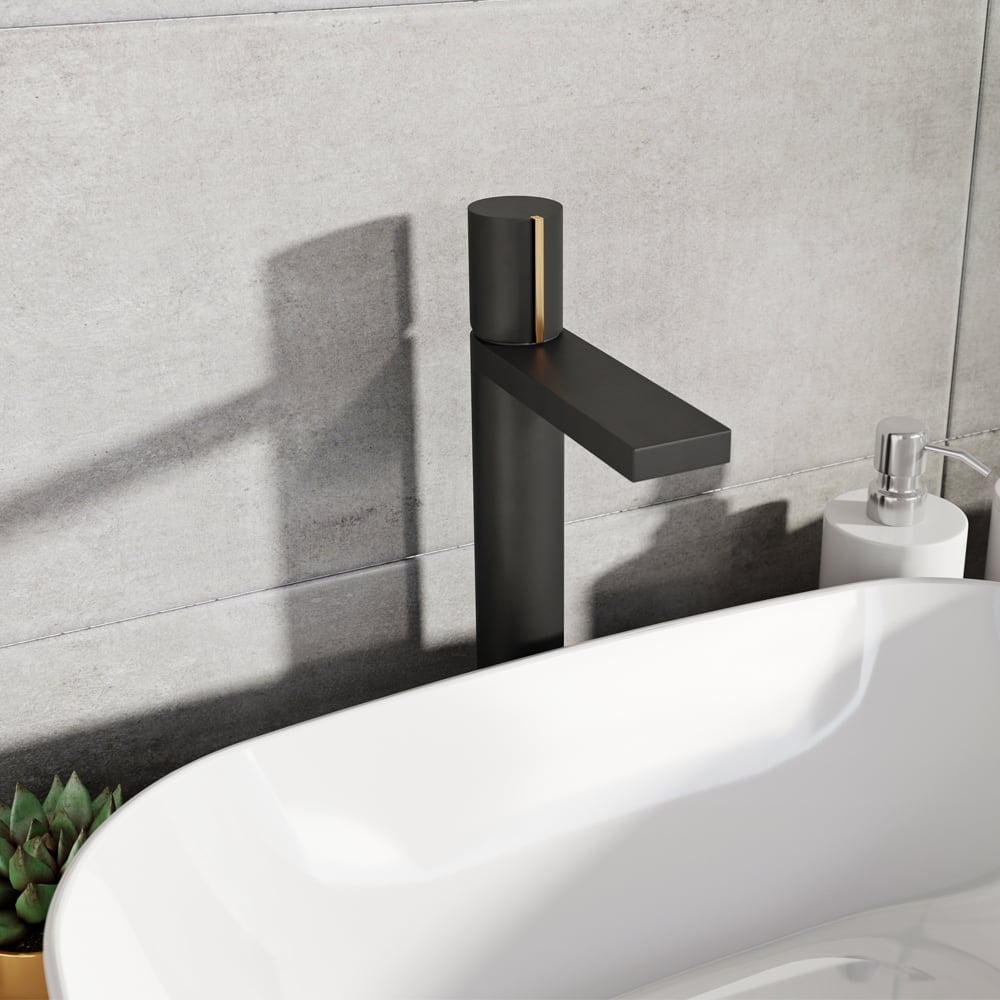 Pancho Matt Black and Gold Tall Basin Mixer Tap