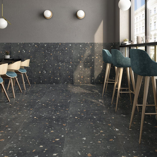 Bono Noir Black Matt Porcelain Terrazzo Tile 600x600mm