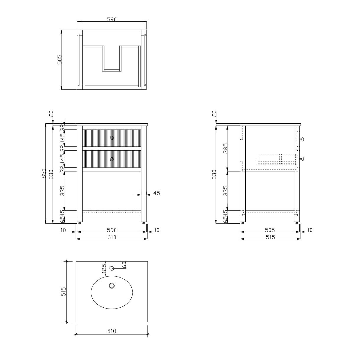 Addison Ribbed White Floor Standing Vanity Unit 600mm