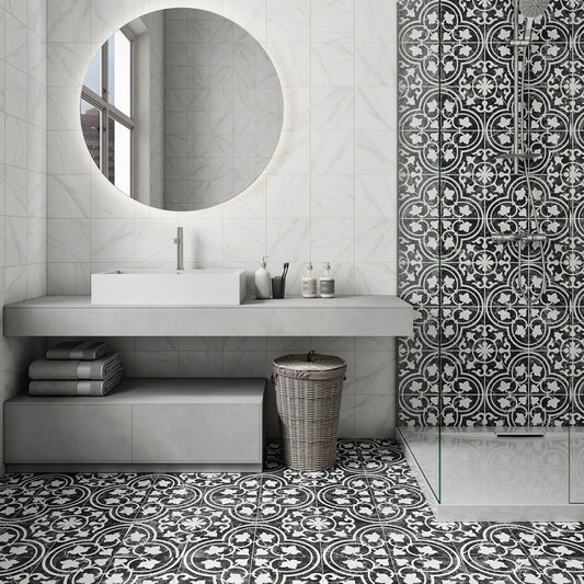 Motril Black Ornate Reverse Matt Porcelain Tile 452x452mm