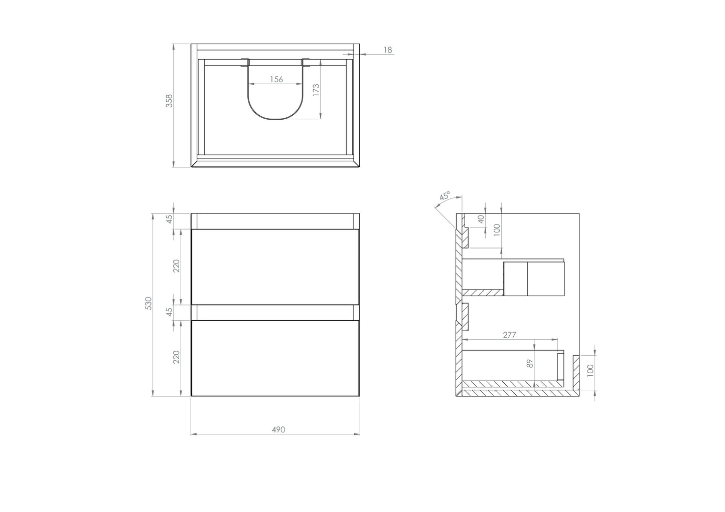 Saneux UNI 50cm wall mounted unit with 1 or 2 drawers
