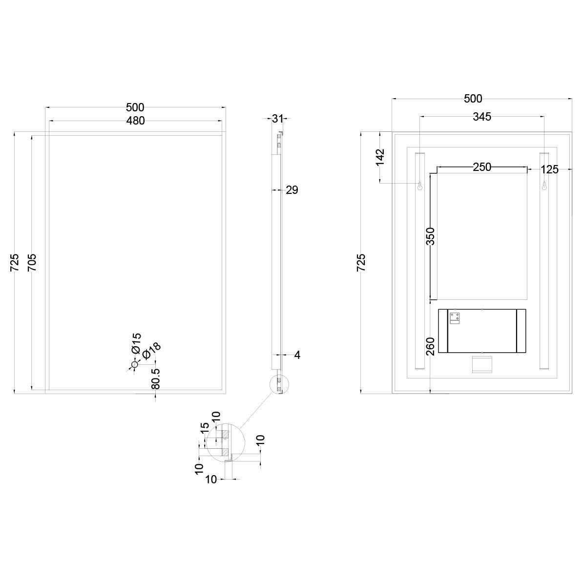 Rione Rectangular Black Backlit LED Mirror 500x725mm