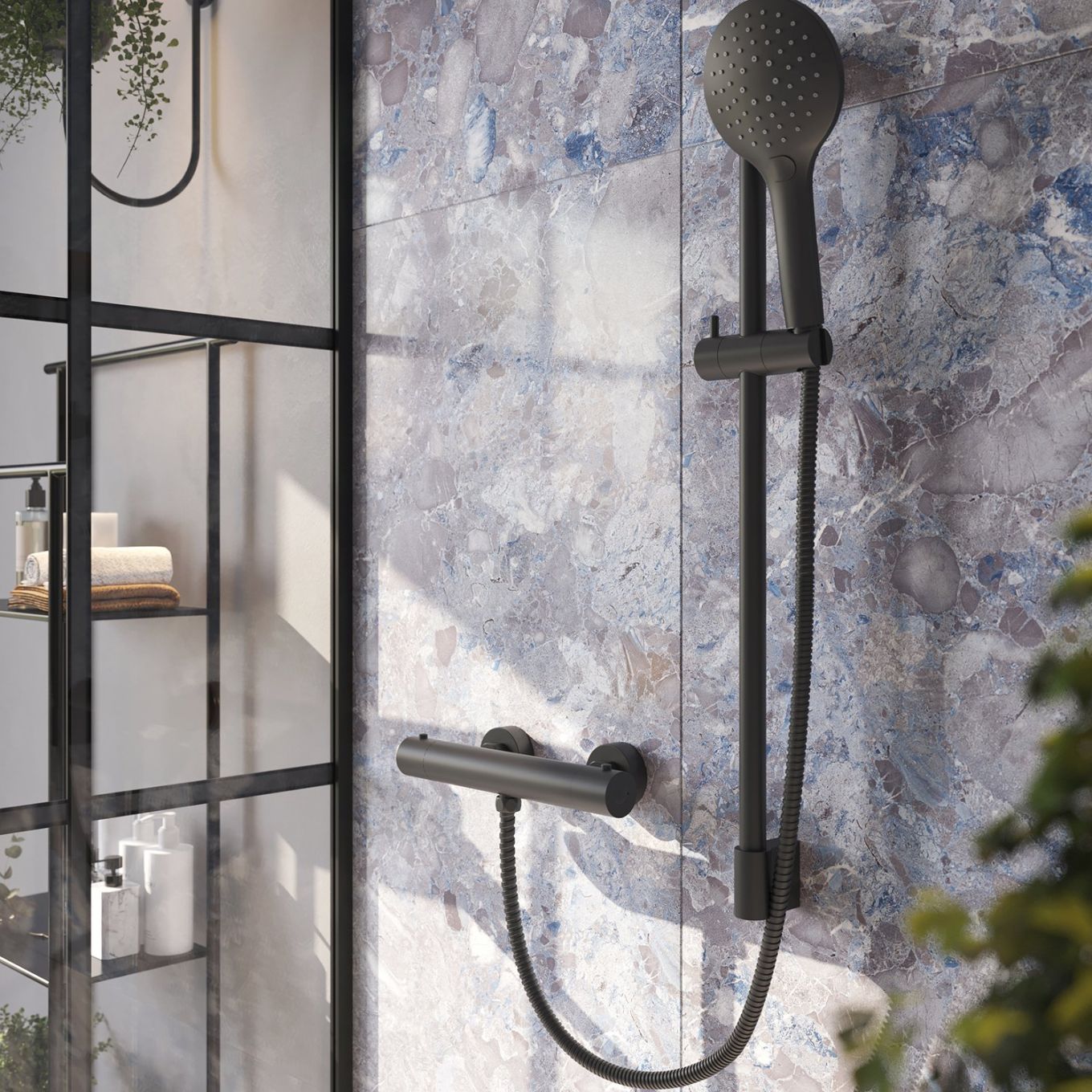 Aden Black Round Exposed Thermostatic Bar Valve & Slide Rail Shower Kit