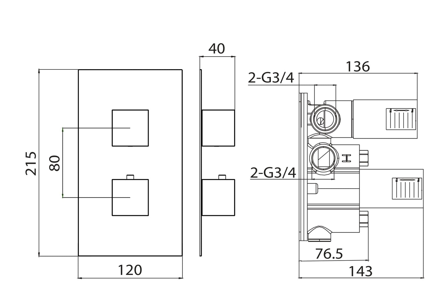 Saneux TOOGA 2 way thermostatic shower valve kit - Chrome