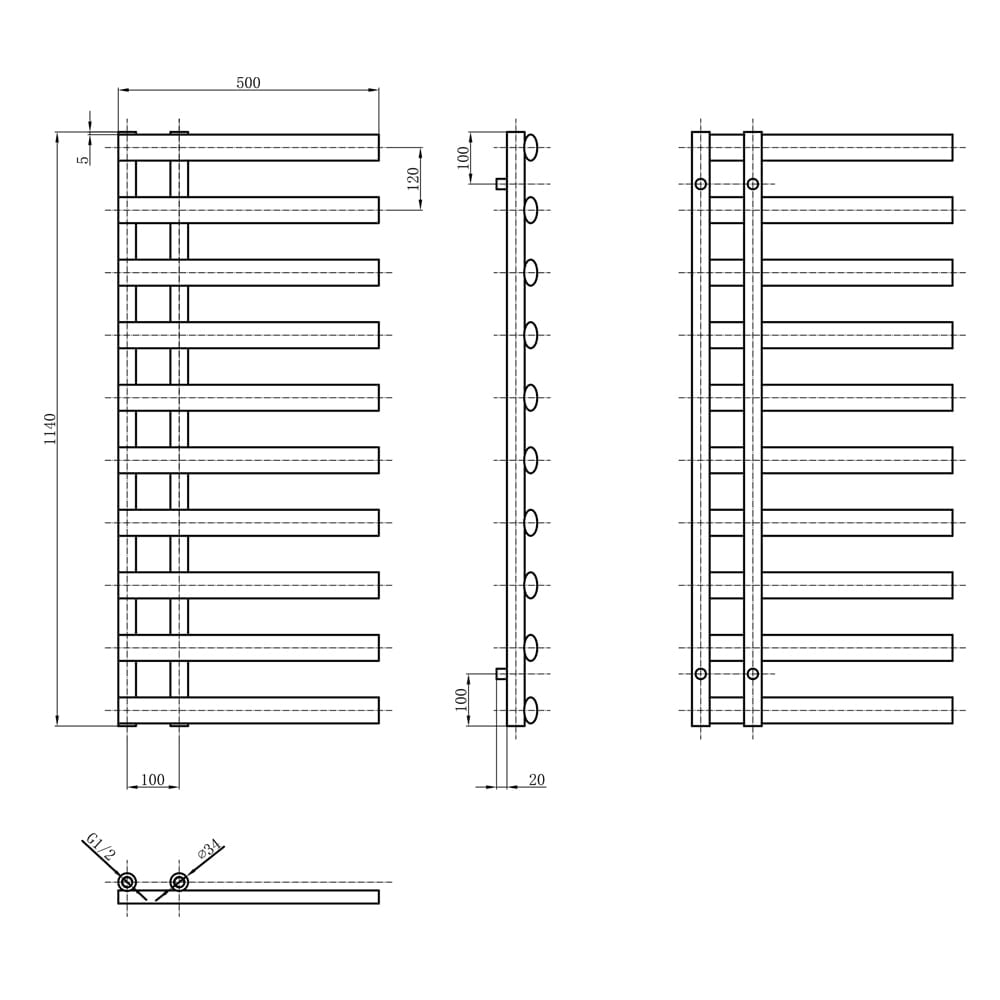 Dunwell White Designer Heated Towel Rail 1140x500mm