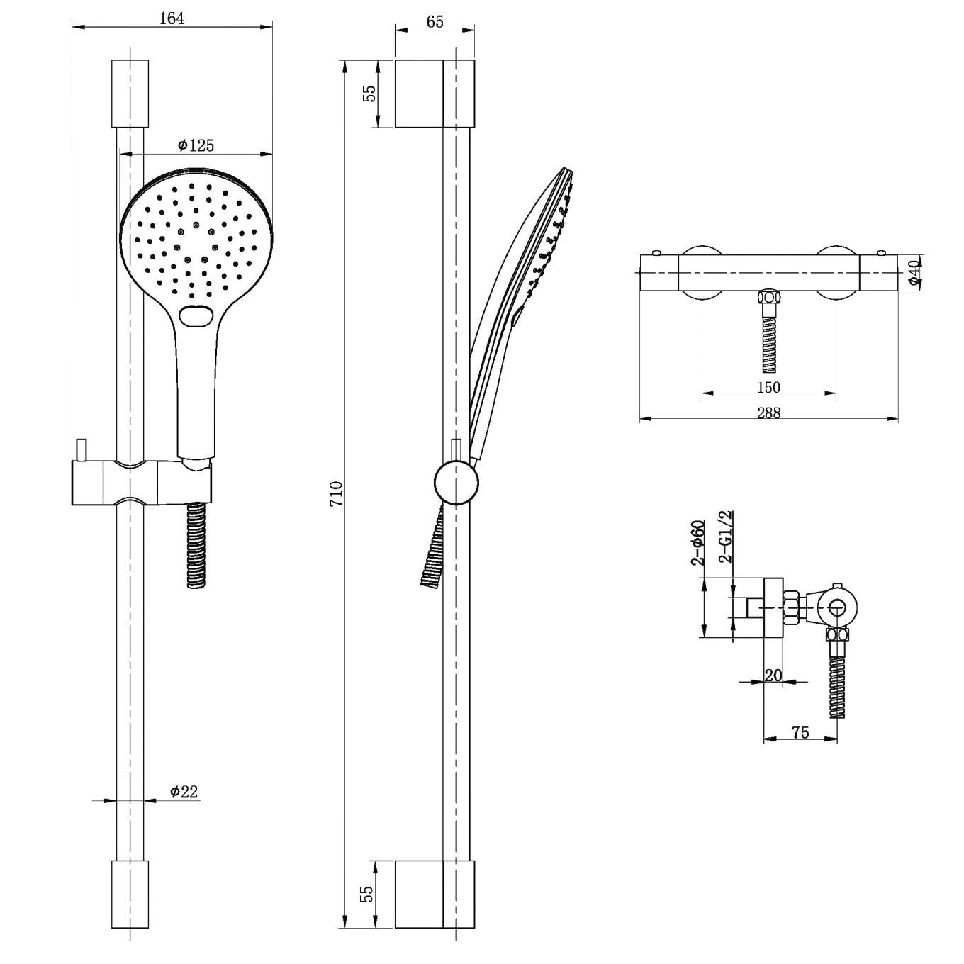 Aden Gold Round Exposed Thermostatic Bar Valve & Slide Rail Shower Kit